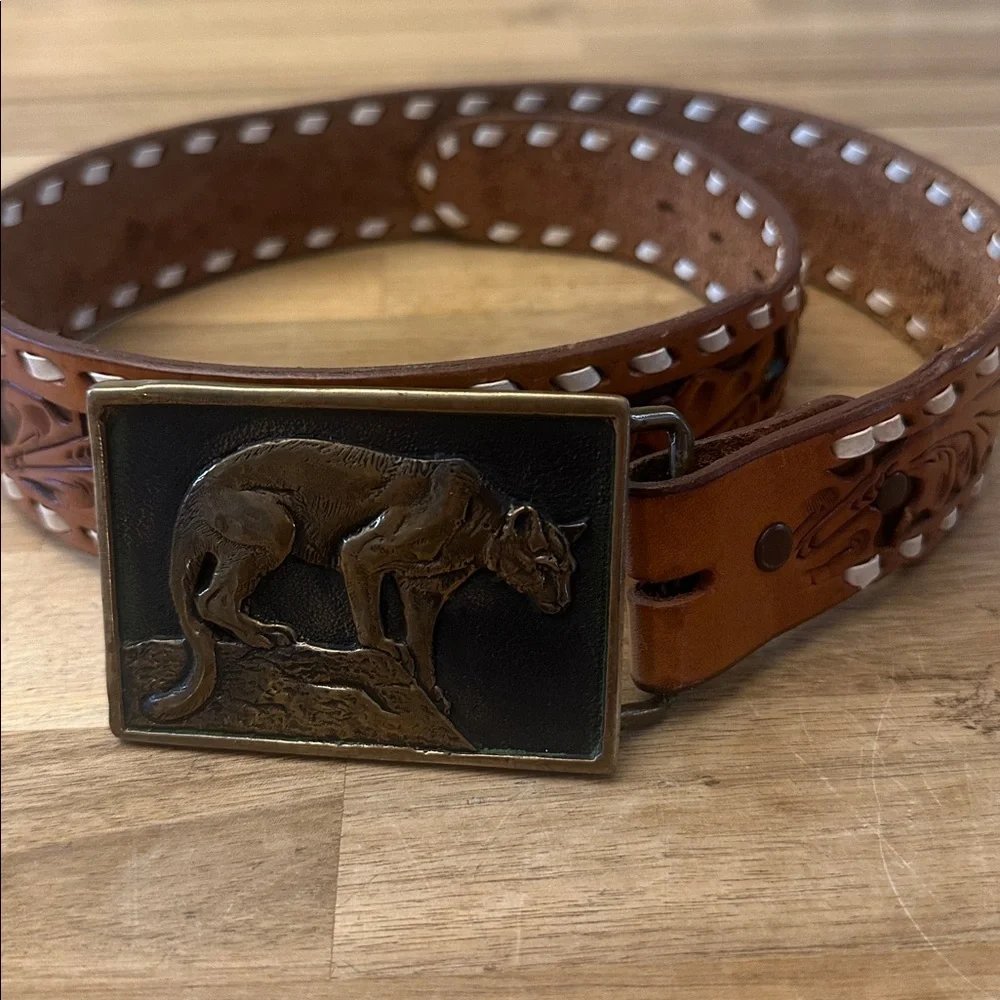 RAMS HORN Justin solid bronze Cougar belt buckle 1976 and Tomy Lama belt